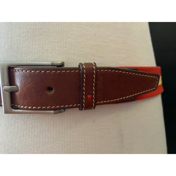 PAUL STUART Red/Yellow Stripe Stretch Belt w/Leather Trim Mens sz 42 - Picture 3 of 12